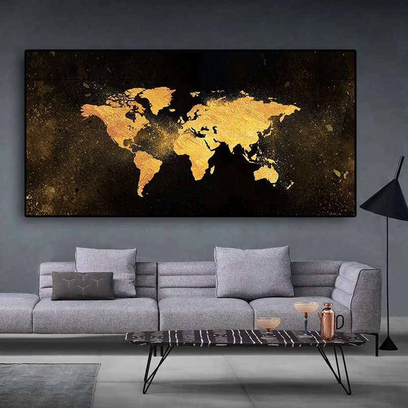 Modern Black and Gold World Map Abstract Canvas Painting Scandinavian Posters Prints Wall Art Picture for Living Room Decor | Дом и сад
