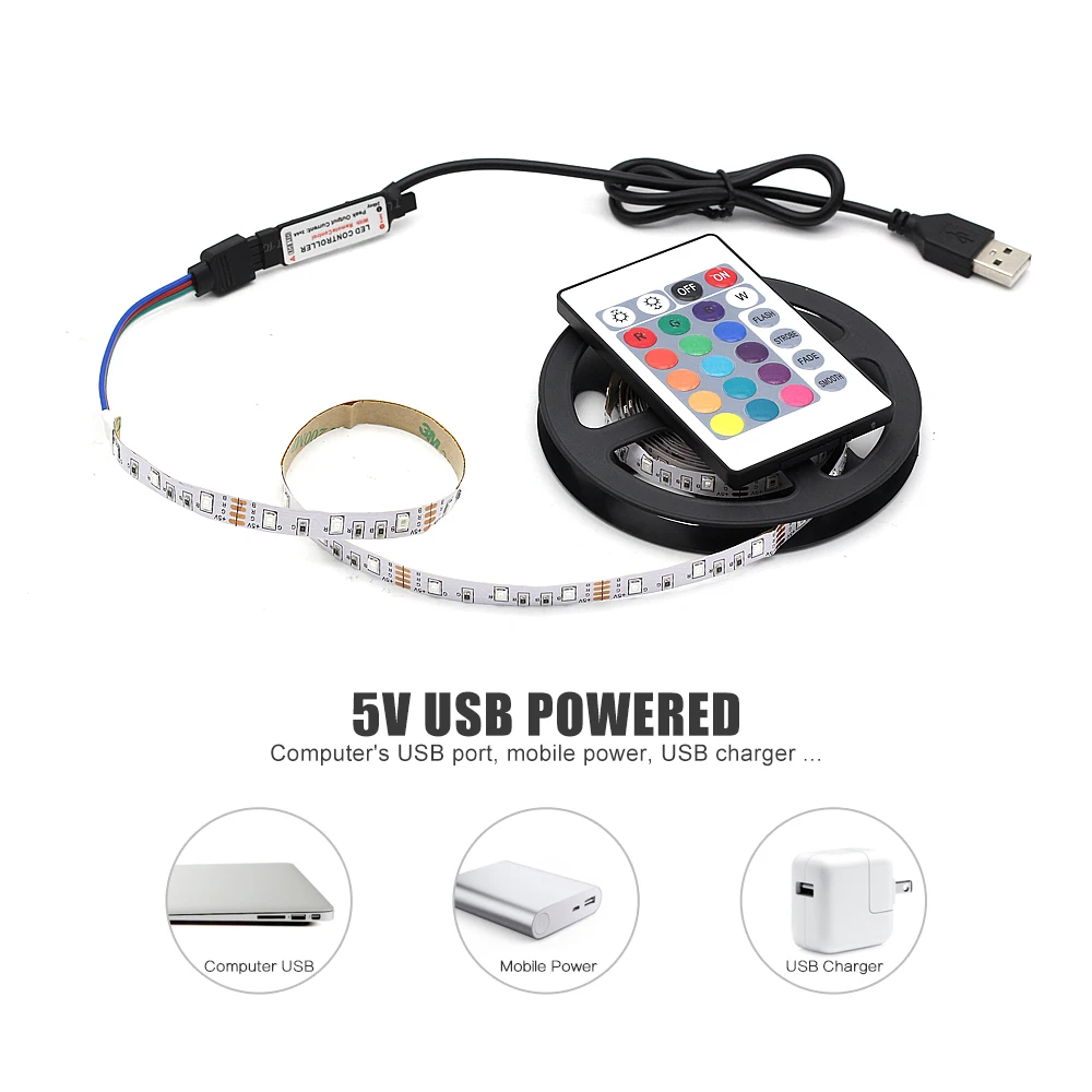 Светодиодная лента с питанием от USB RGB с пультом дистанционного управления 2835 SMD DC 5V гибкий светодиодный светильник 0,5 м 1 м 2 м 3 м 4 м 5 м ТВ Настольный экран