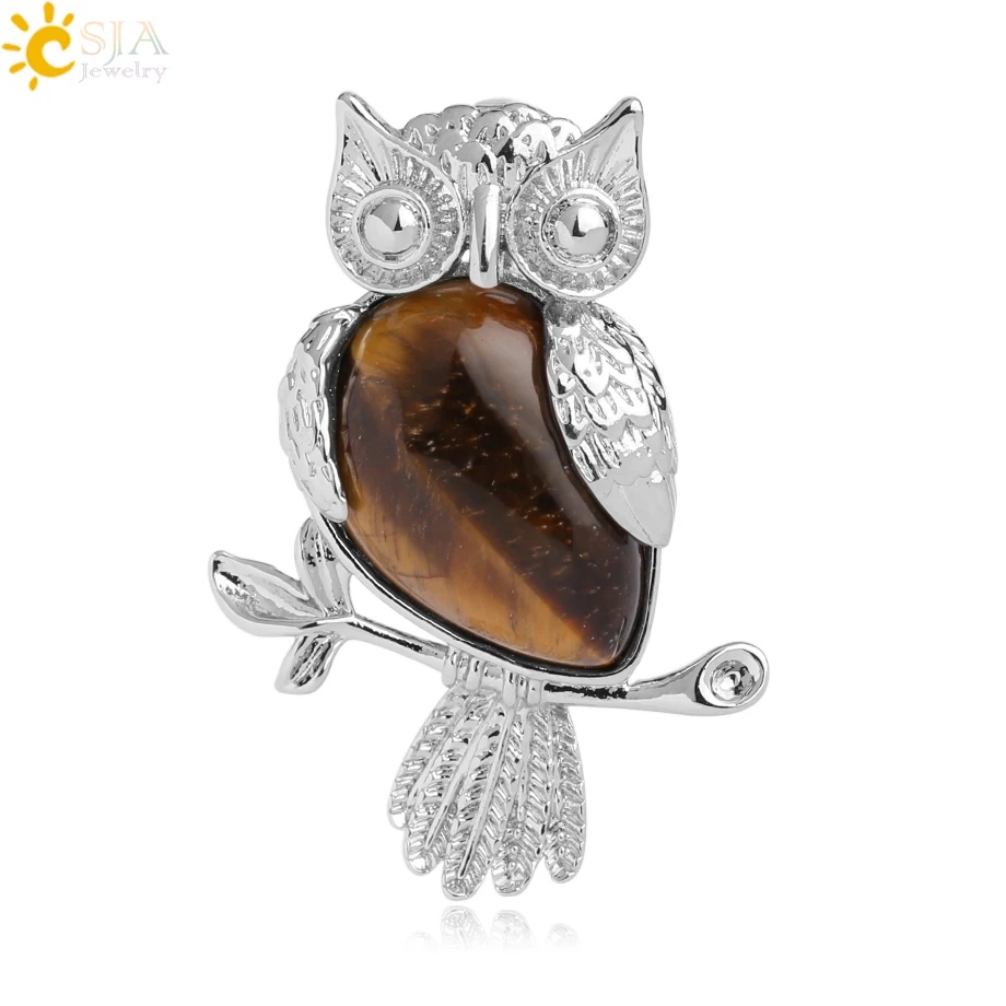 Tiger Eye CSJA животное сова кулон в форме капли воды в форме натуральный камень кварц кристалл серебряный цвет кулон для ожерелья для женщин мужчин ювелирные изделия G076 - Окраска металла: Tiger Eye