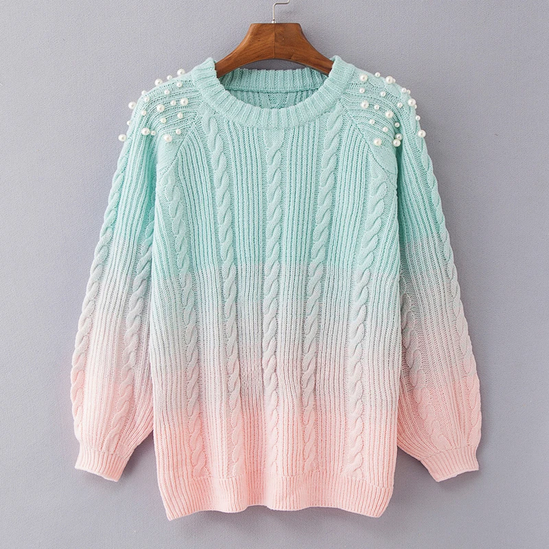 Длинные свитера с градиентным жемчугом для женщин Ulzzang Harajuku пуловер бусинами