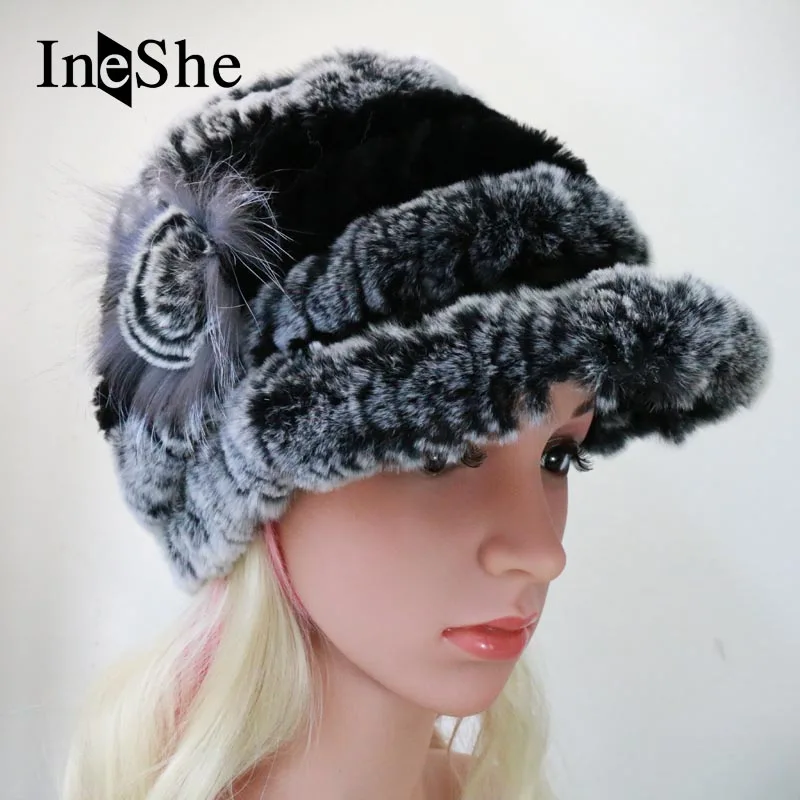 IneShe Женщин Натурального Меха Шапки Вязание Рекс Кролика русский Шляпа