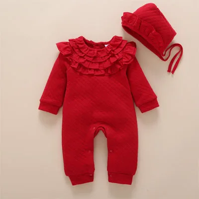 air cotton red Осенне-зимний плотный кружевной комбинезон для новорожденных девочек, Теплый Розовый хлопковый комбинезон+ детская шапка, одежда для малышей, комбинезон для младенцев, комбинезон - Цвет: air cotton red