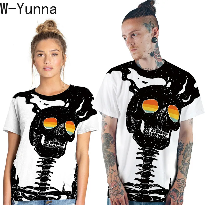 Модные футболки W Yunna с принтом черепа и скелета летние женские/мужские в стиле