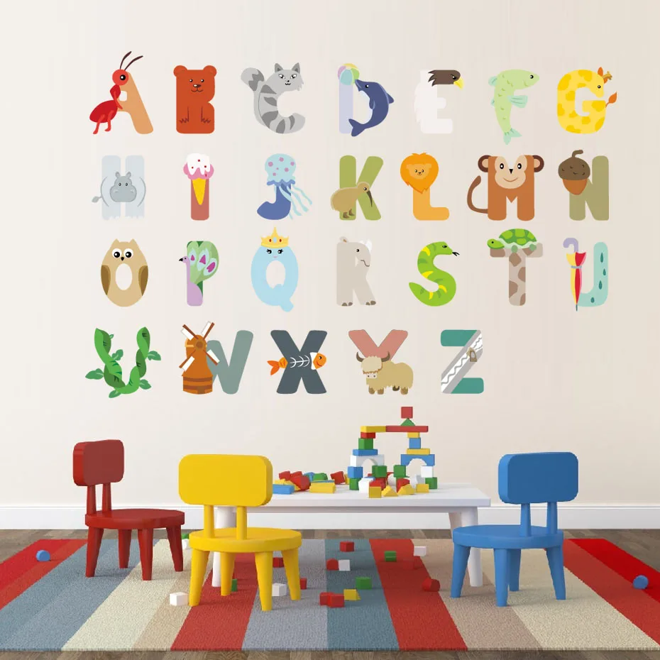 Мультяшные Животные английский алфавит цветные настенные наклейки ПВХ DIY