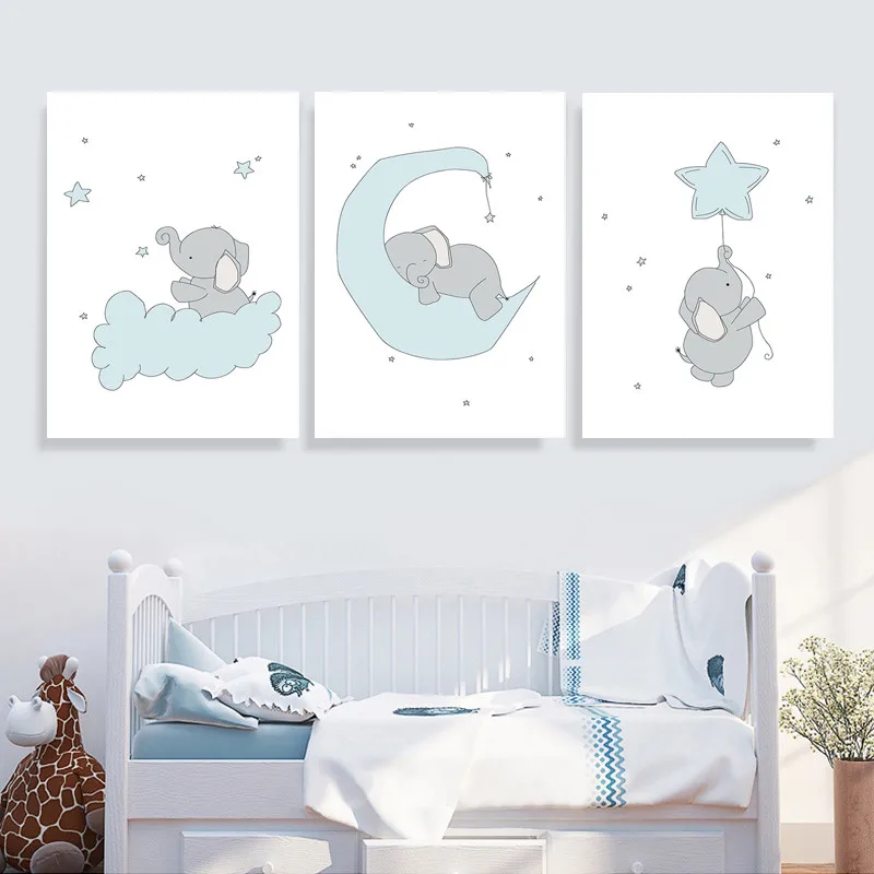 Картина на холсте с изображением животных слон синий воздушный шар настенные