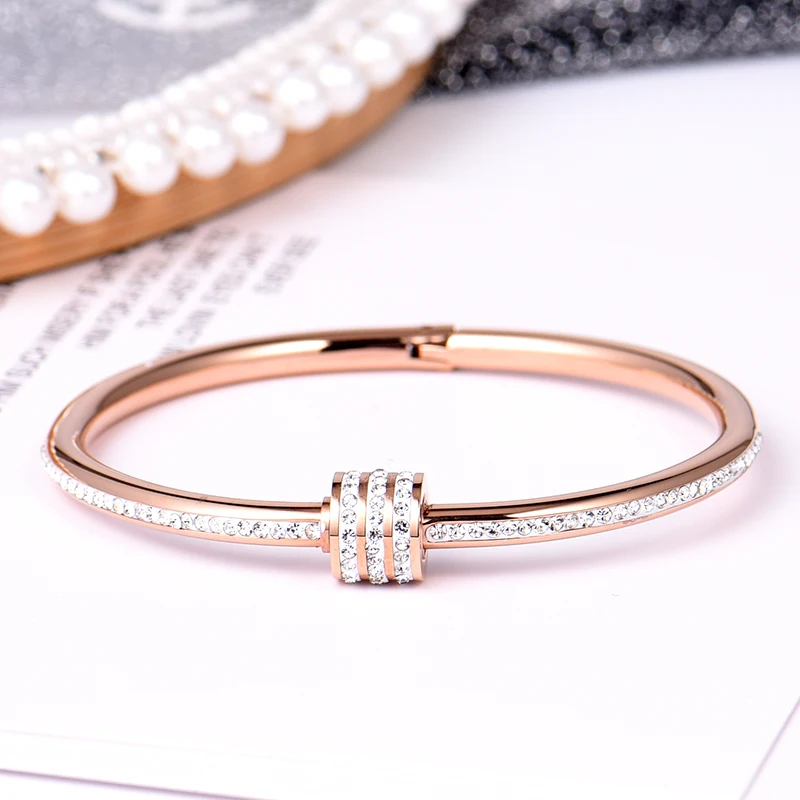 Elegant Simple Rhinestone Gold Bracelet Dropshipped Women Stainless Steel Bangle Charms Crystal Jewelry | Украшения и аксессуары