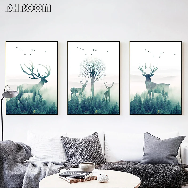

Forest Landscape Wall Art Canvas Poster and Print Flying Bird Deer Canvas Painting Nordic Style Picture for Living Room Decor