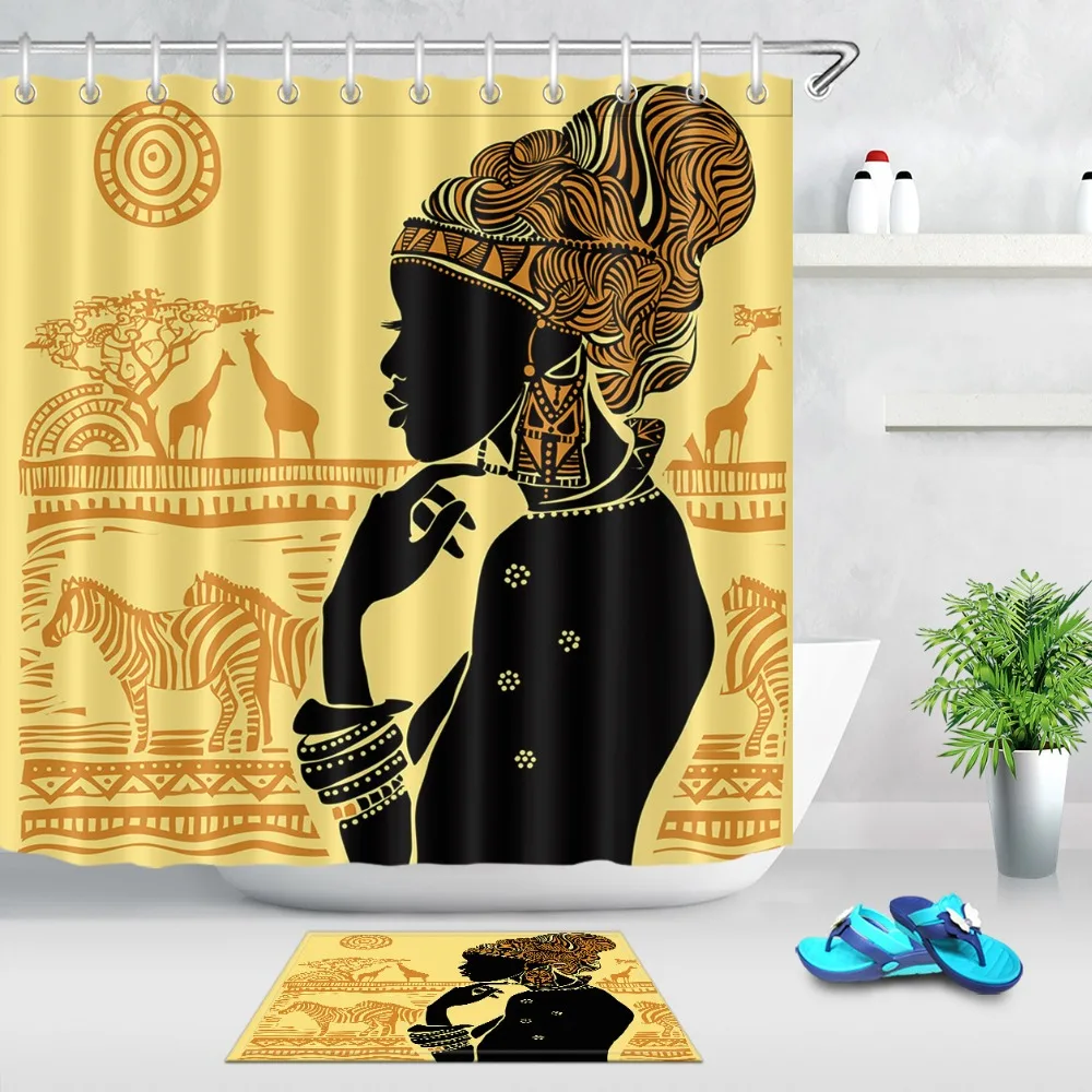 LB Boho Африканский Американский черный Женский Душ Шторы s ванная комната пейзажи Африки набор водонепроницаемая ткань для ванной Декор