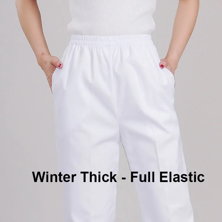 White Thick Elactic Женские брюки санитара медицинские рабочие штаны медсестры доктора брюки сплошной цвет белый розовый синий эластичный ждать 2 кармана кожа ткань - Цвет: White Thick Elactic