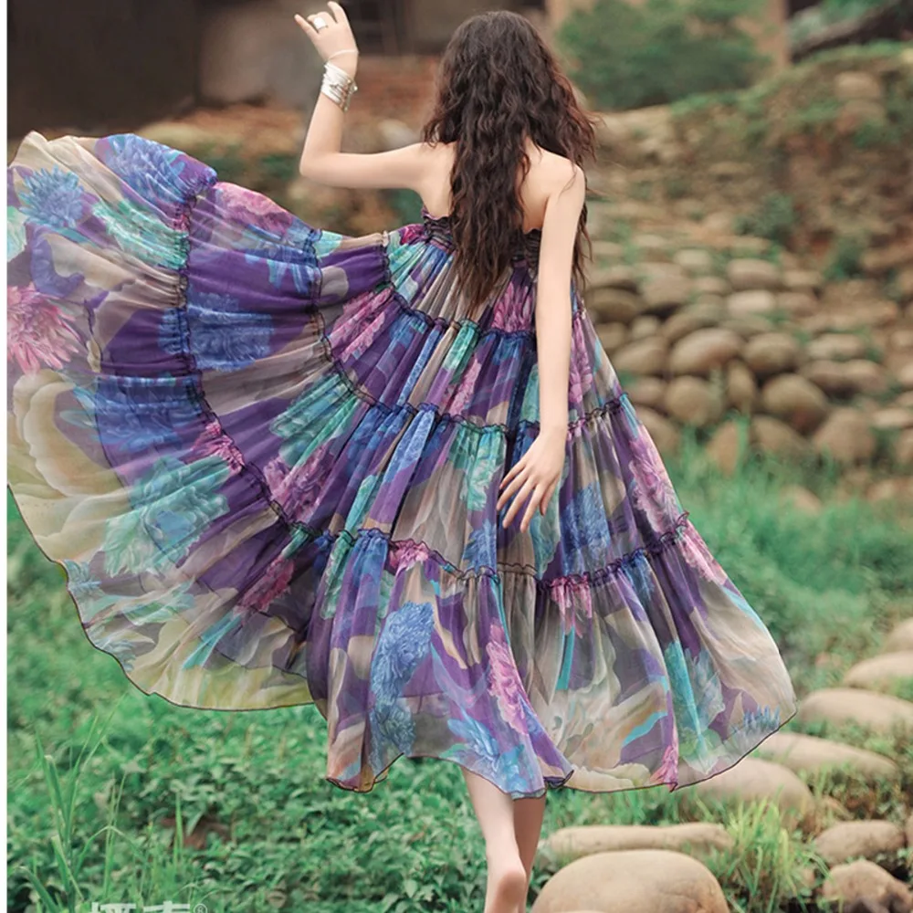 Женское богемное плиссированное платье фиолетовое цветочное шифоновое средней