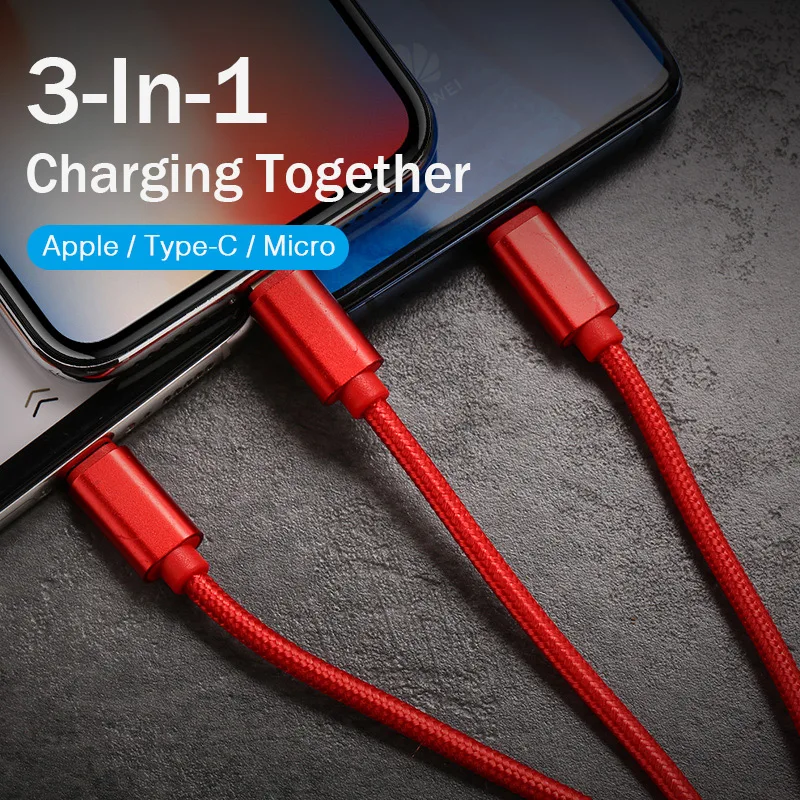 3 в 1 USB телефонный кабель для iPhone Type C Micro 3A провод быстрой зарядки Samsung Xiaomi