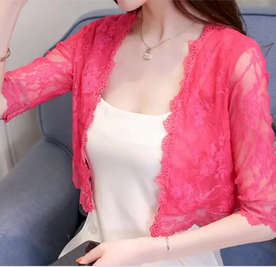 Carol Diaries 2019 Women Basic Coat Embroidery Half Sleeve Cardigan See-Through Sheer Lace Mesh Bolero Top Jacket 5 Colors |