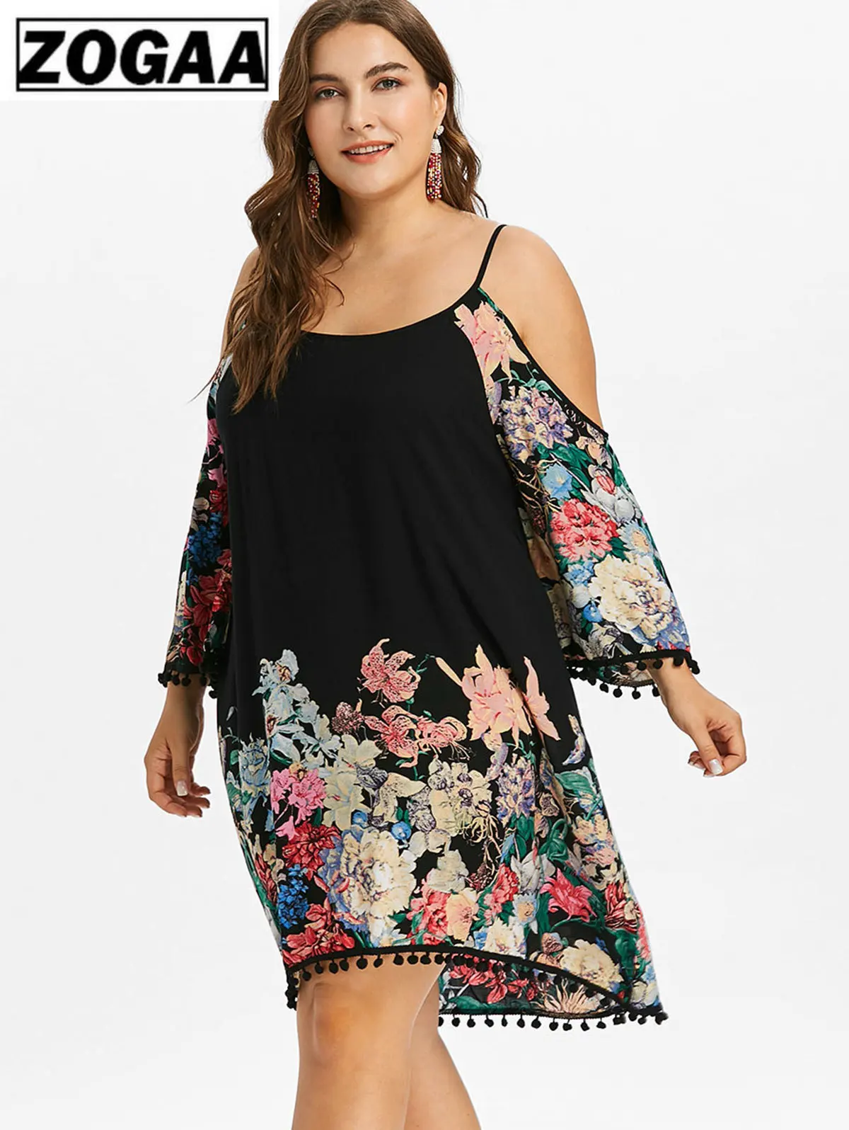 ZOGAA/большие размеры Повседневное платье с принтом и открытыми плечами женская