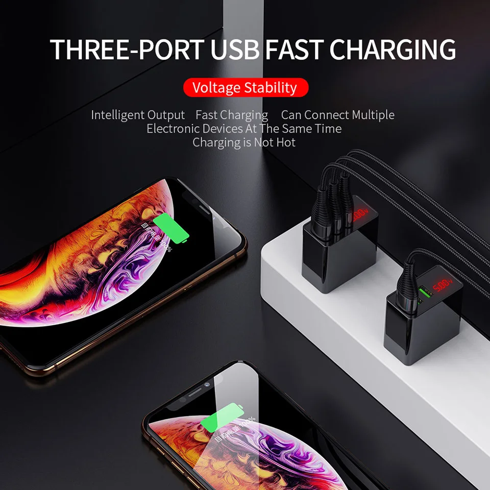 Светодиодный дисплей 3 порта USB зарядное устройство 3A мобильный телефон