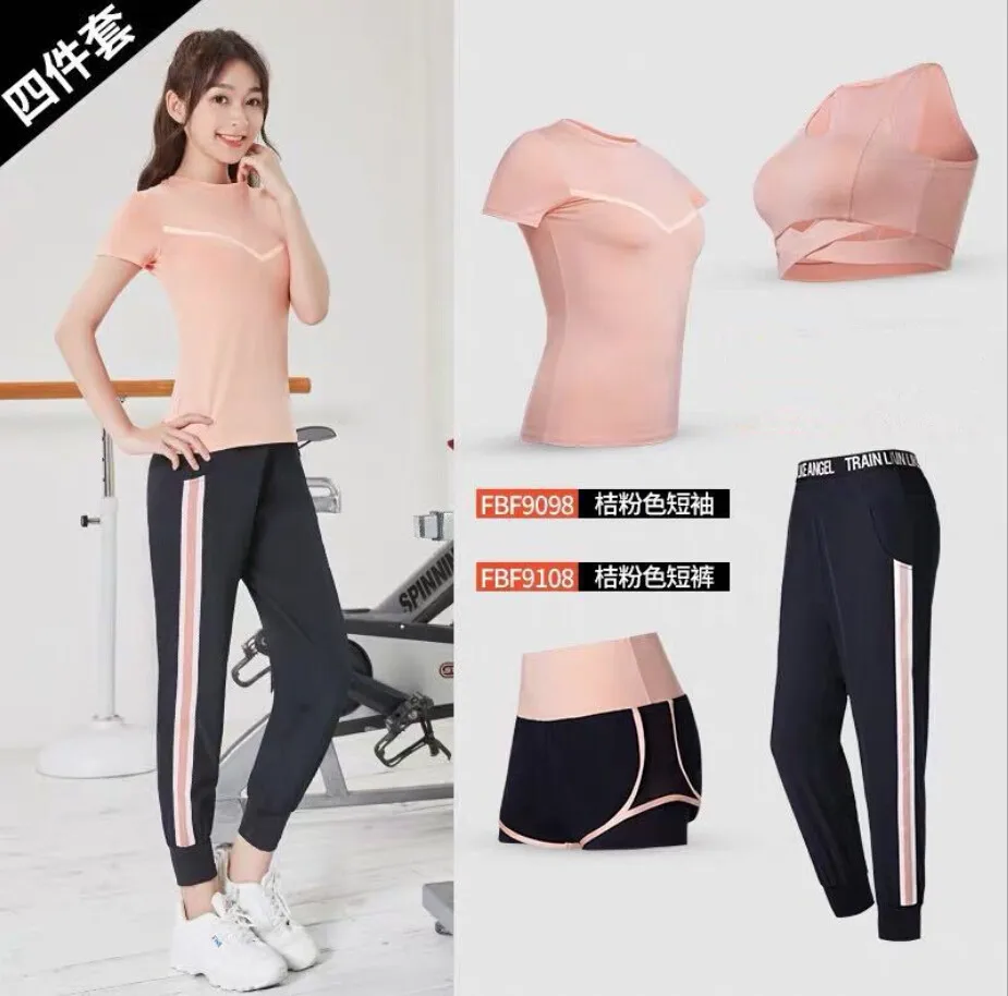 Лоскутные спортивные комплекты для бега для женщин, для йоги, комплект из 4/5 предметов, быстросохнущие пальто с капюшоном+ бюстгальтер+ футболка+ штаны, спортивный костюм для фитнеса, одежда - Цвет: 4 piece set a