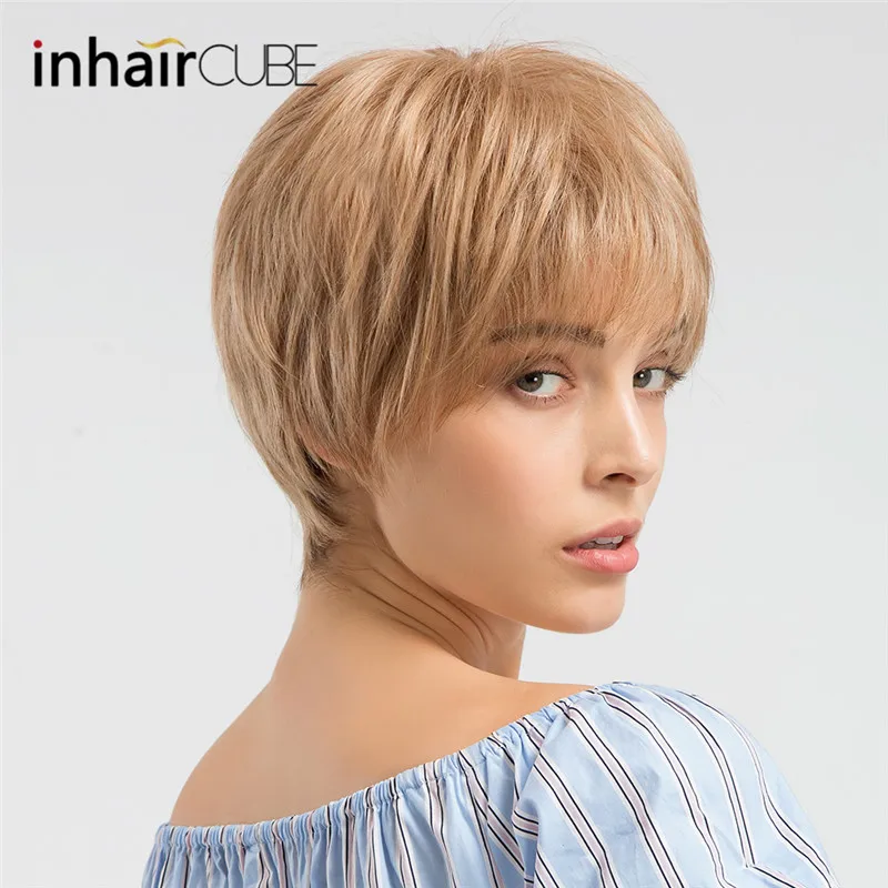 mj1-27-3 INHAIR cube синтетические парики из натуральных волн короткие парики для женщин пушистый Омбре парик из человеческих волос дышащий парик - Цвет: mj1-27-3