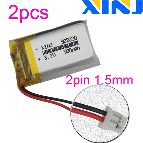 XINJ 2 шт. 3,7 в 500 мАч литий-полимерный Батарея 2pin JST-PH 1,0/1,25/1,5/2,0/2,54 мм 902030 для gps Камера гарнитура для умных часов