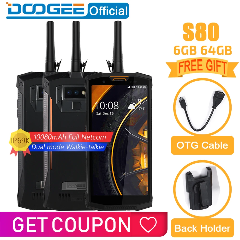 IP68/IP69K портативная рация DOOGEE S80 мобильный телефон Беспроводная зарядка NFC 10080 мАч 12V2A 5,99 FHD Helio P23 Восьмиядерный 6 ГБ 64 Гб 16,0 м