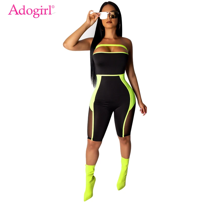 

Adogirl Sheer Mesh Color Patchwork Strapless Jumpsuit Fashion Sexy Knee Length Romper Women Slim Playsuits Summer Body Suits