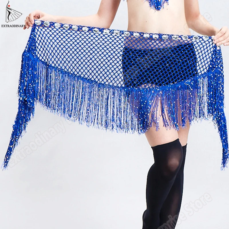 

New Women Belly Dance Belt Clothing Irregular Stretchy Long Tassel Sequin Latin Dance Bellydancing Hip Scarf Waist 5 Colors