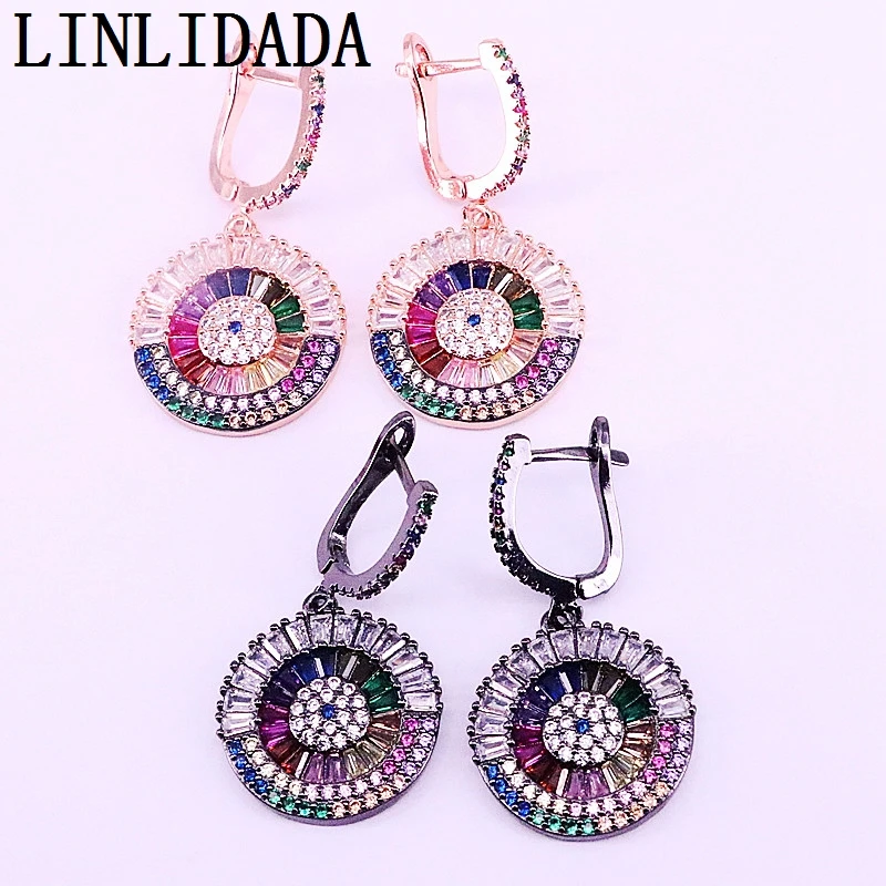 

3Pairs Fashion Jewelry micro pave rainbow cubic zirconia cz round dangle charm earring in 4 colors