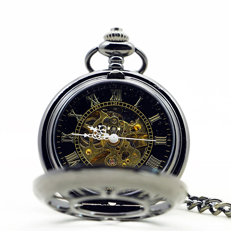 Black Magic Pattern Hollow Quartz Pocket Watch Retro Steampunk Manual Winding Watch Men's Fob Chain Accessories Gift Clock