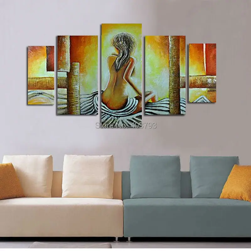 

5 Panels No Stretched Hand-painted Oil Painting On Canvas Wall Art Abstract Nude Girls Back Green Decorative Pictures Painting