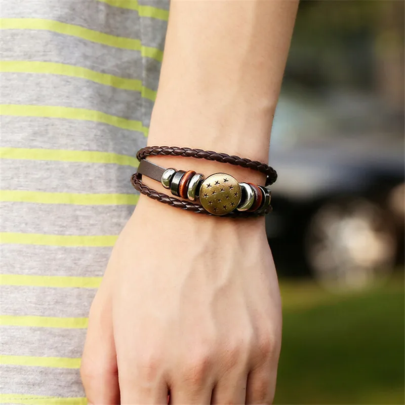 AMOURJOUX винтажные подвески из сплава со звездами Кожаная оплетка браслет на