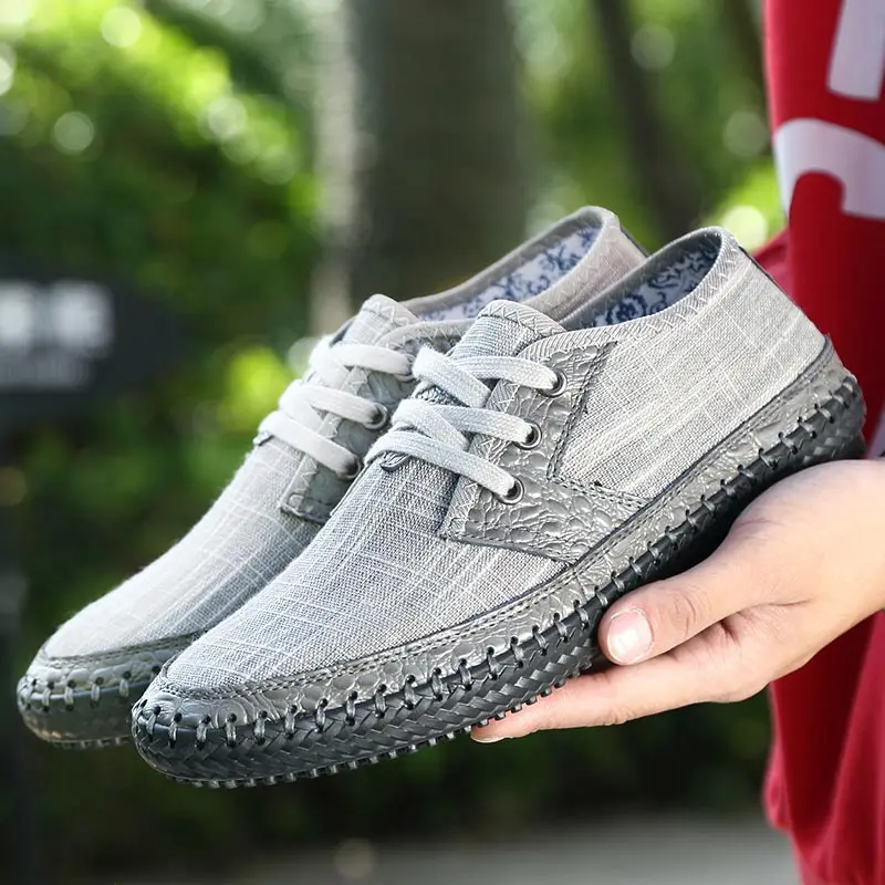 Man shoes 2021 fashion hemp comfortable sneakers men lace-up sports solid color outdoor male plus size | Обувь