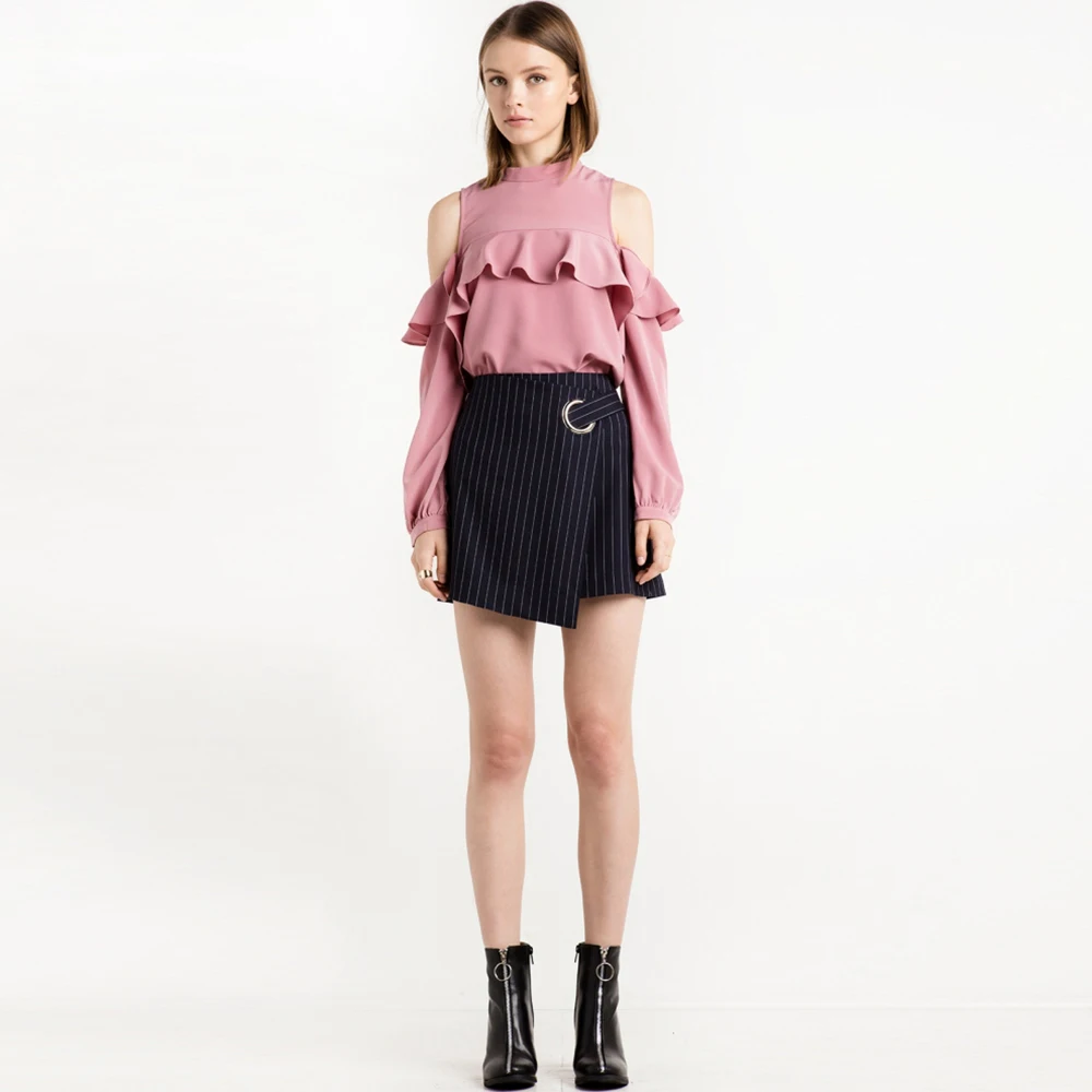 HDY Haoduoyi Women Cold Shoulder Ruffle Frill Top Dusty Pink Long Sleeve Shirt Fashion Sweet Blouse Ladies Shirts Blouses Tops | Женская