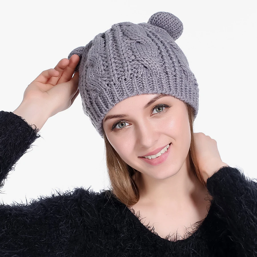 Забавные милые шапки-бини с ушками для женщин и девушек однотонные черные