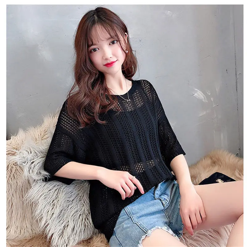 Летняя и осенняя Модная вязаная рубашка с вырезами топ тонкая Свободная блузка