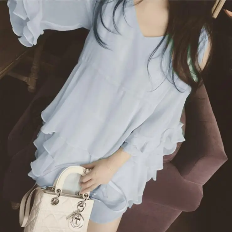 Женская шифоновая рубашка с V образным вырезом короткими рукавами модная Новинка