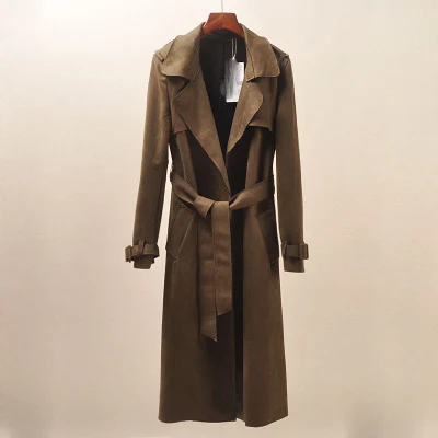 army green Корейская верхняя одежда, женские тренчи, повседневные однотонные замшевые пальто, женская Длинная ветровка, Женское пальто, весенние пальто для женщин - Цвет: army green