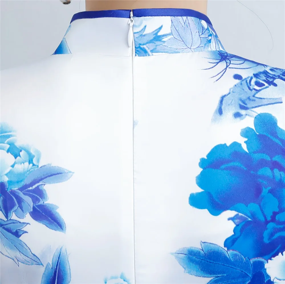 Шанхай история Синий принт белый Qipao искусственного шелка китайский Восточный