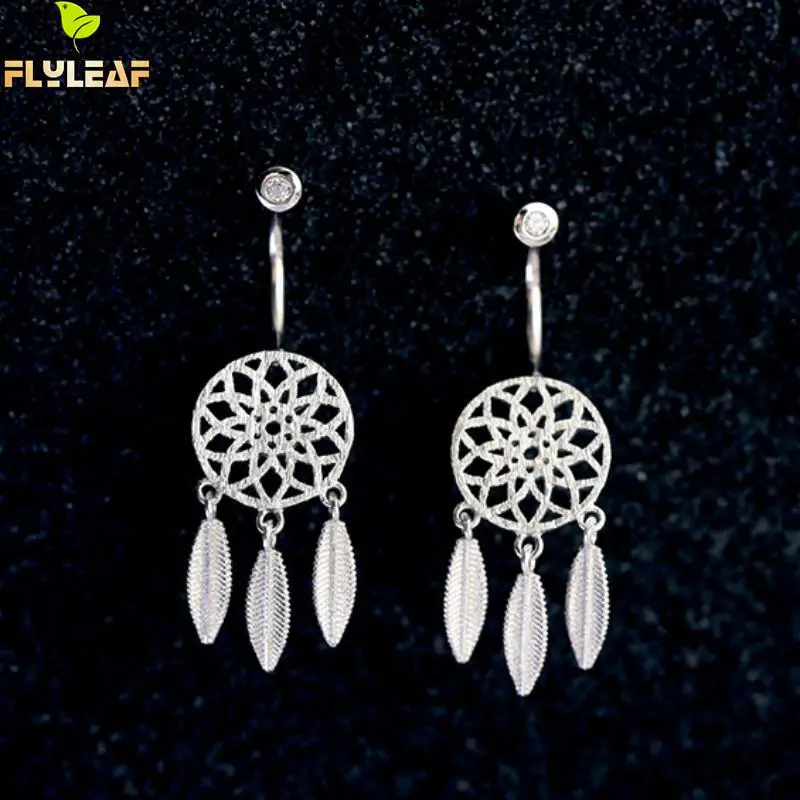 

Silver Plated Feather Dream Catcher Drop Earrings For Women rear mounted earing Hypoallergenic Fashion Jewelry
