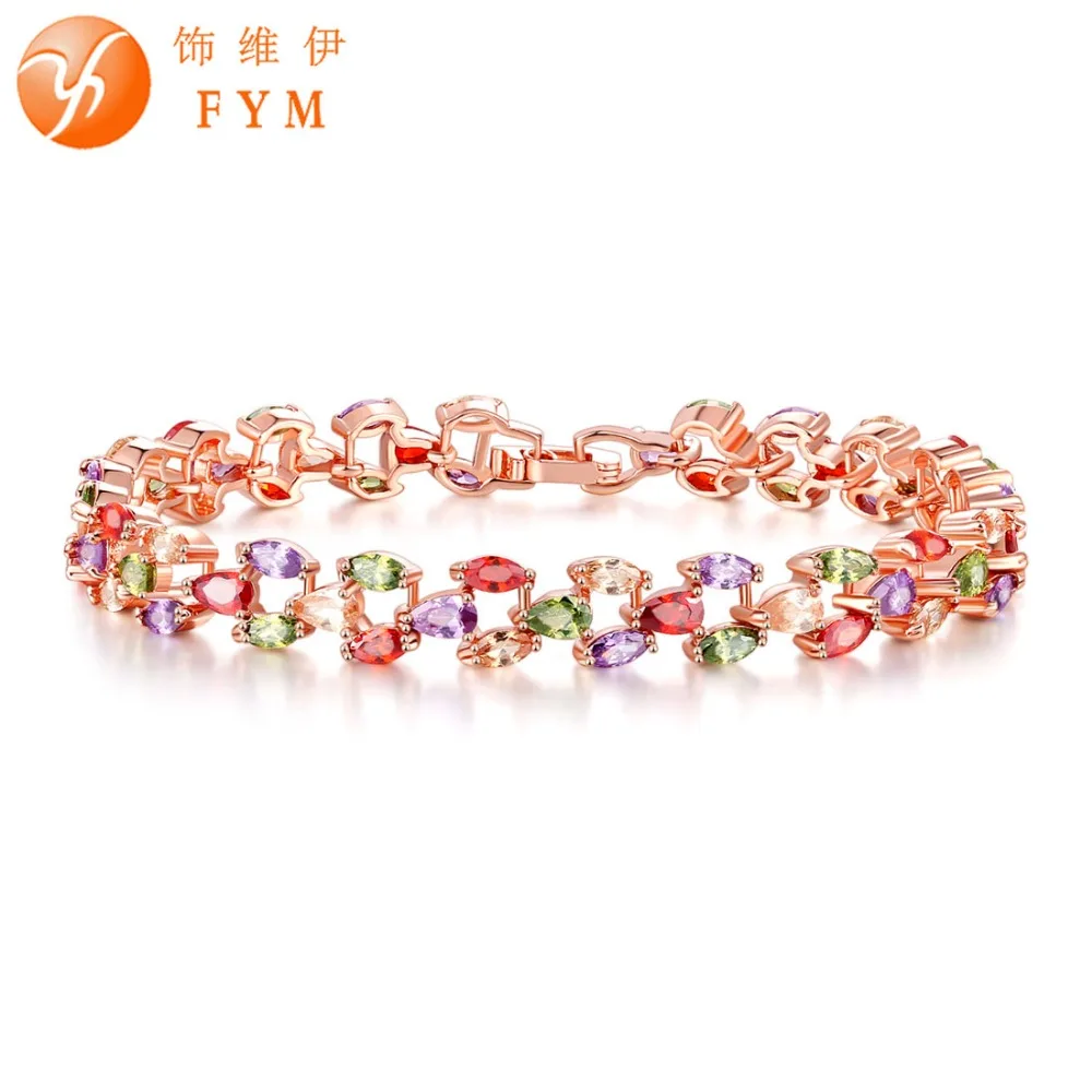 

FYM Brand Women Jewelry Colorful Rose Gold Color Mona Lisa Bracelets Inlay Chain Bracelets Gift 17cm BR0139