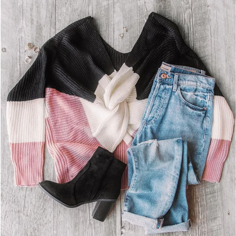 Long Sleeve Sexy Sweater Knit Streetwear Winter Woman Clothes Irregular Cross Backless Pullovers Loose Top V Neck Lady Sweaters |