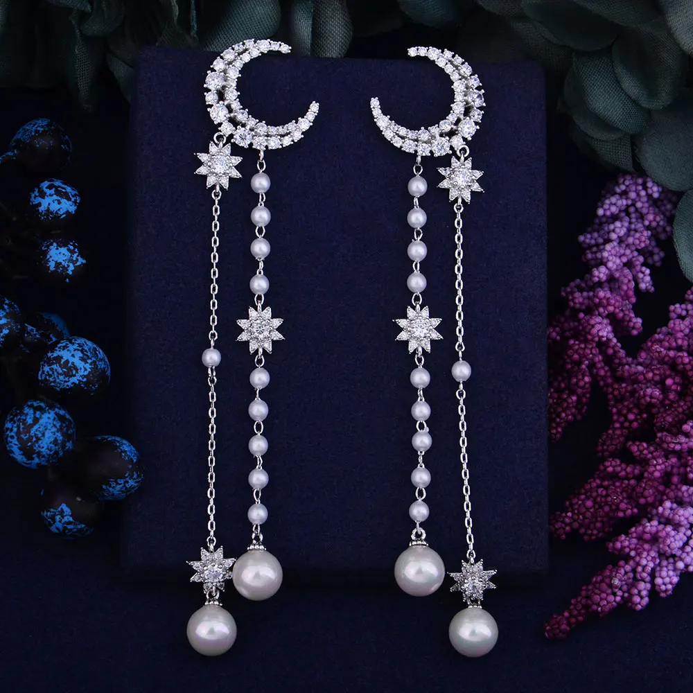 GODKI модные длинные серьги с имитацией жемчуга циркония ААА для помолвки и