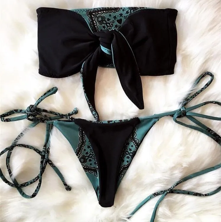 Cross Bandage Brazilian Bikini Swimwear Front Bowknot Swimsuit Summer 2018 Beach Bandeau Floral Bathing Suit Sexy Biquini Girls |