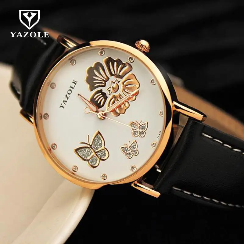 Кварцевые наручные часы YAZOLE из натуральной кожи с цветами-бабочками на свадьбу