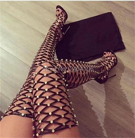 

Botas Mujer Caged Shoes Woman Cut Outs Lace Up Gladiator Sandals Over Knee Booties Rivet Gold Studs High Heels Thigh High Boots