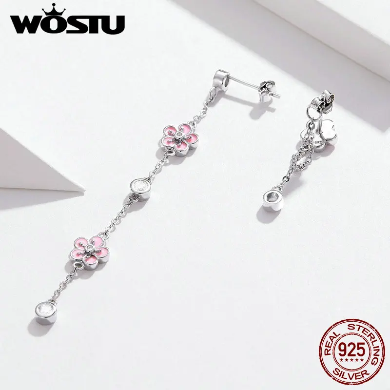 WOSTU 925 пробы серебряные серьги в виде цветка сакуры розовые длинные серьги из циркония для женщин Свадебные Роскошные ювелирные изделия CTE057