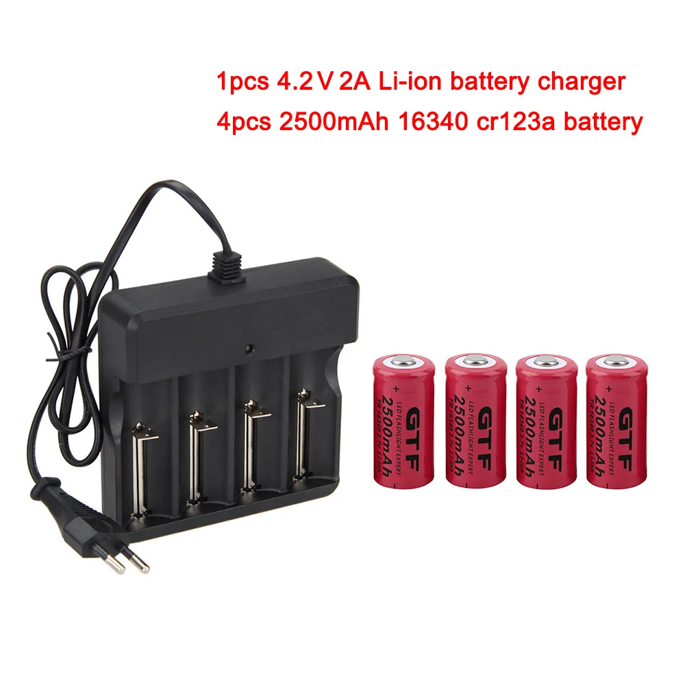 picture color 4 шт 3,7 V 2500mah 16340 аккумулятор CR123A литий-ионные аккумуляторы+ 1 шт EU/US 4,2 V 2A литий-ионный аккумулятор зарядное устройство AC100-240V - Цвет: picture color