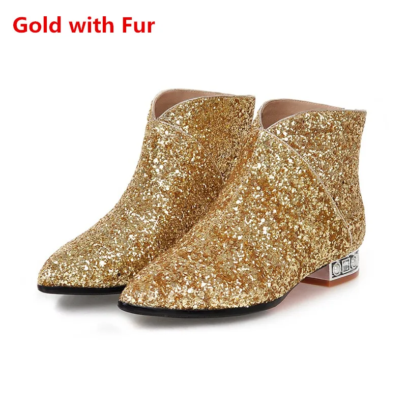 Gold with Fur ANMAIRON/Модные женские ботильоны на плоской подошве, с острым носком, на молнии; 4 цвета; Белая обувь; женские зимние теплые ботинки; большие размеры 34-43 - Цвет: Gold with Fur