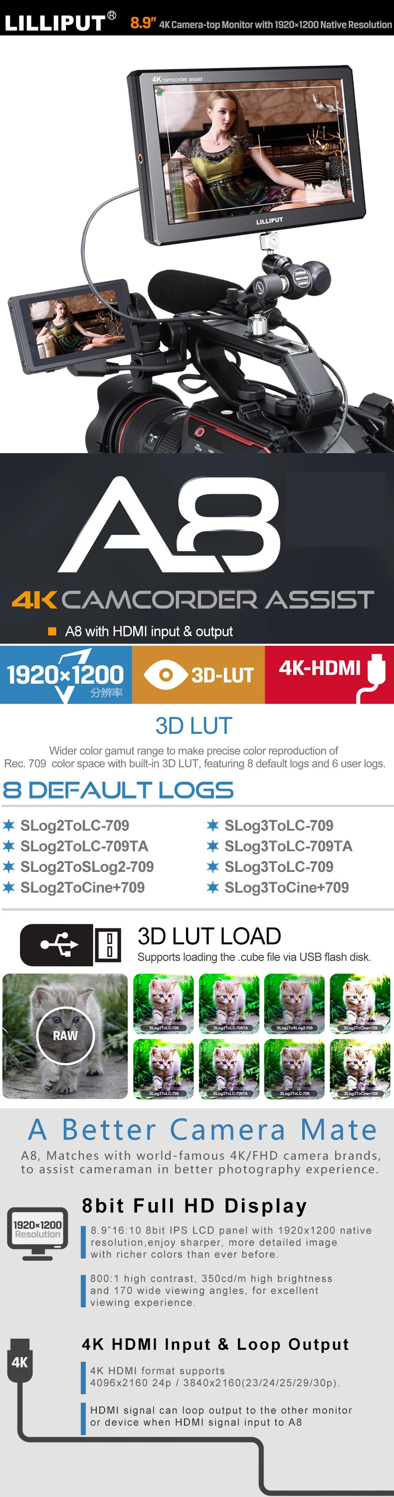 Lilliput A8 8,9 дюймов Utra тонкий ips Full HD 1920x1200 4K HDMI 3D-LUT накамерный видео полевой монитор для DSLR камеры видео