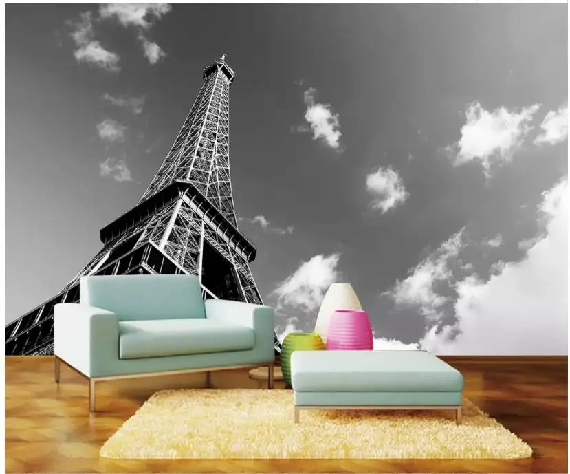 Пользовательские фото обои 3D стерео белые облака Парижская башня черно-белый фон