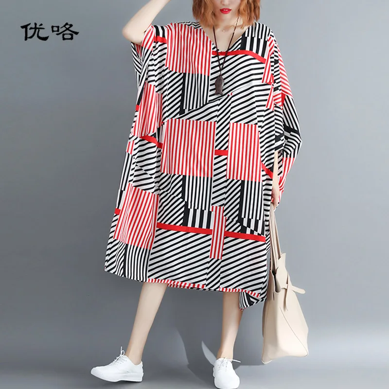 Женское клетчатое пляжное платье летучая мышь большого размера плюс длинный