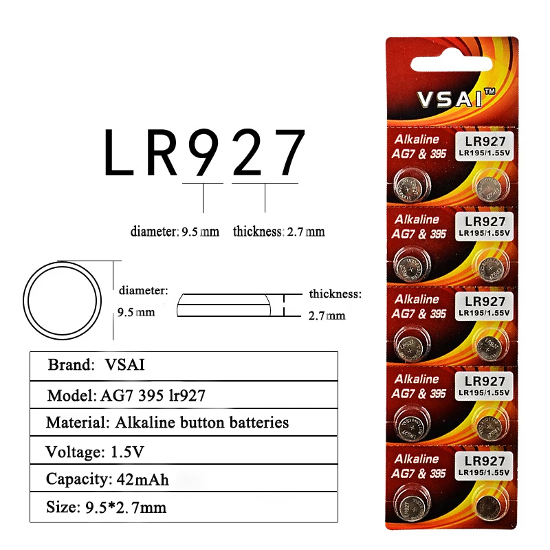 VSAI 10 шт. 1,5 в AG7 395 SR927SW LR927 батарейка для часов, батарейки для часов и камер