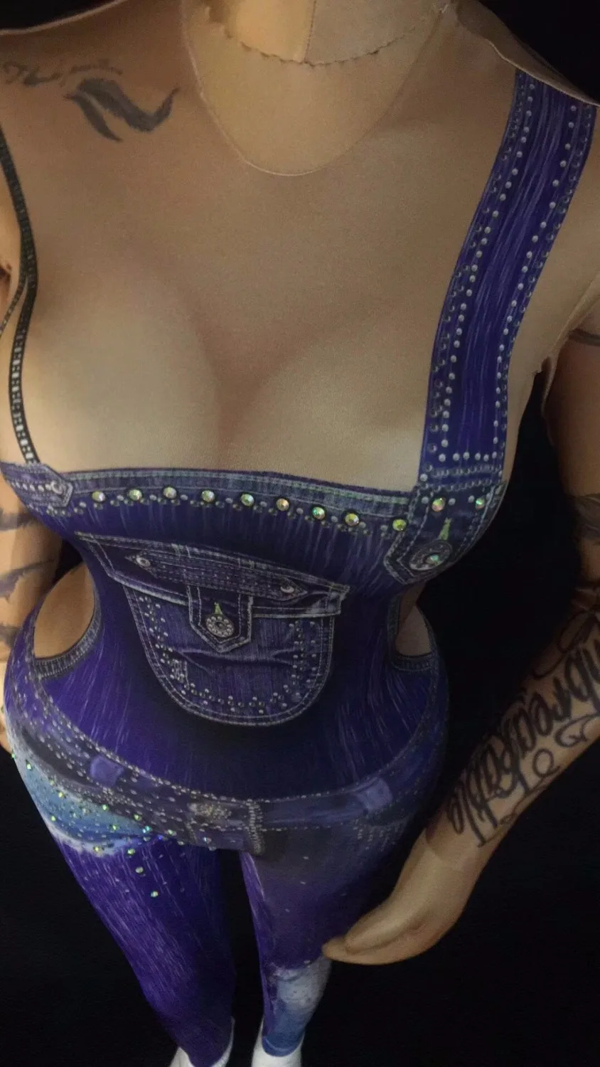 Модный джинсовый комбинезон с кристаллами эластичный для ночного клуба женщин